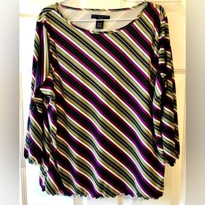 Apostrophe Purple Olive Green Black White Diagonal Stripe Knit Blouse Sz 16W 18W
